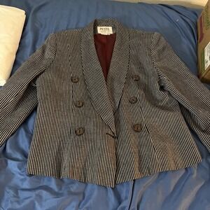 Vintage Petite Sophisticate Womens Blazer 14P Rayon Poly Blue Striped Button